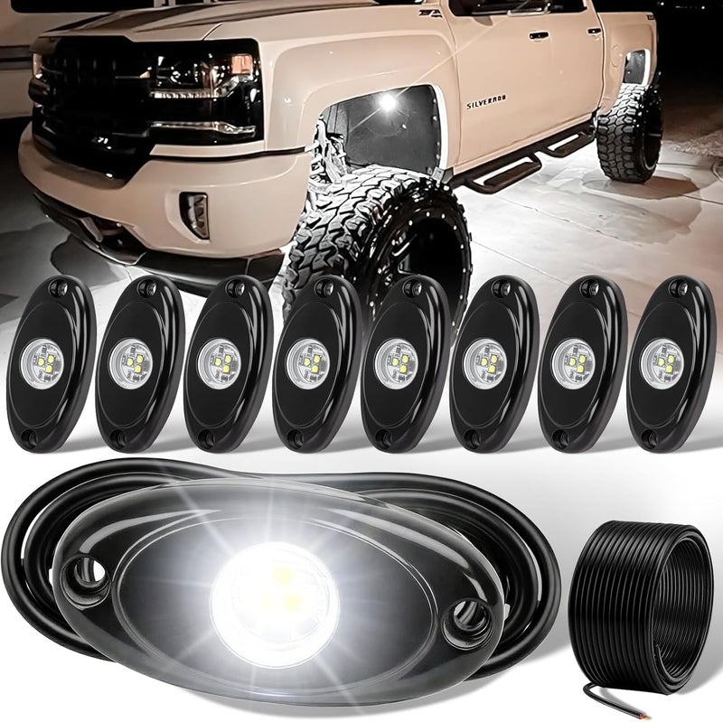 YONEDA 8 Pods White Rock Lights 6000K Ultra Bright LED Neon Underglow Lights IP68 Waterproof for Trucks SUV UTV ATV RZR Car Boats Pickup Motorcycle with 32.8ft Extension Wire - Image 1